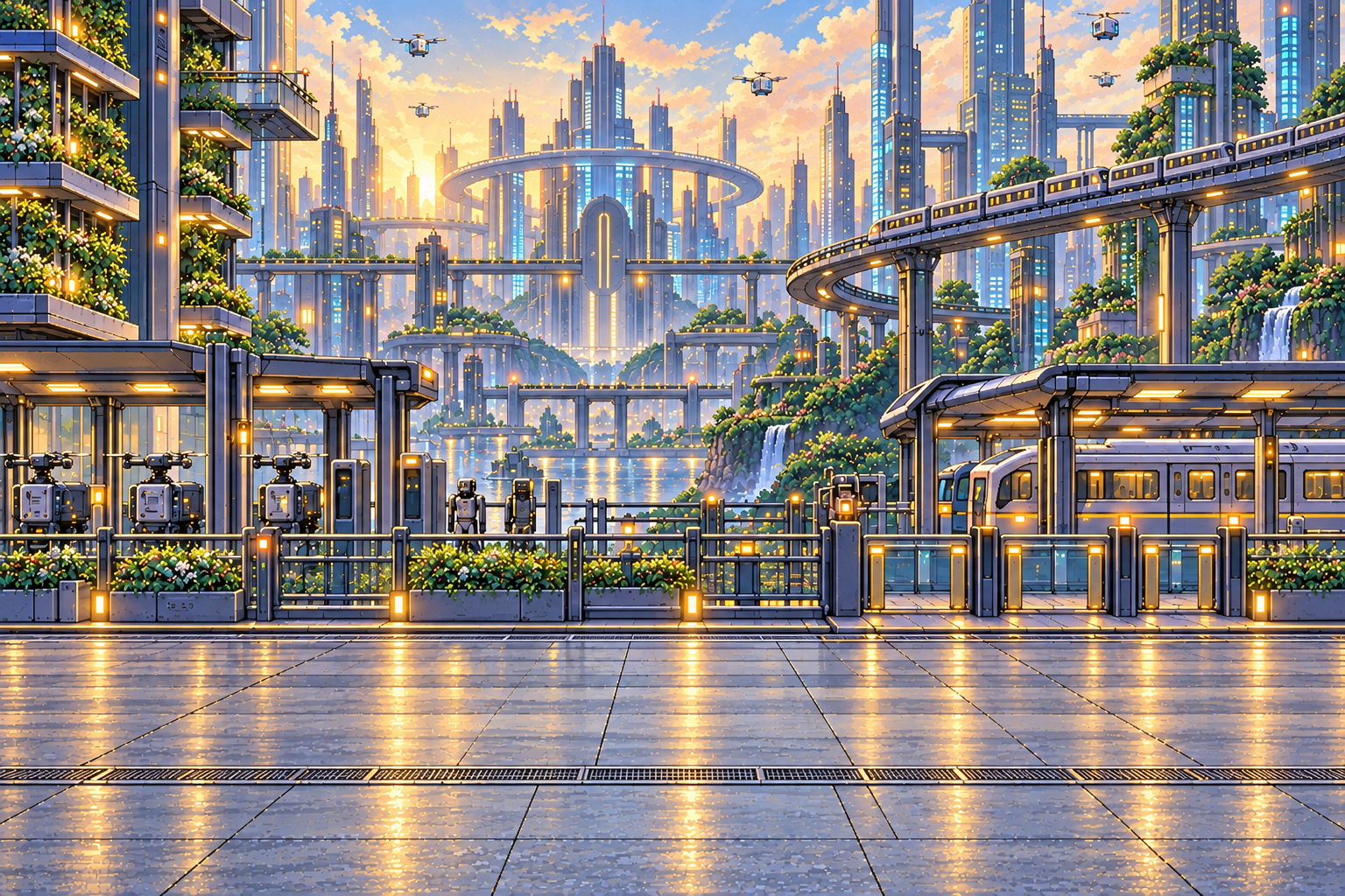 空へ伸びる建物と緑が広がる未来の街のドット絵
